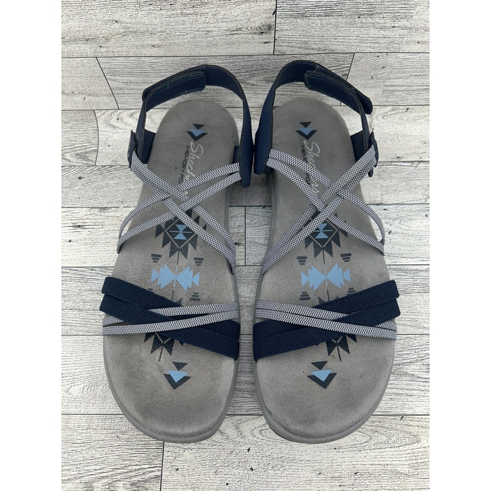 Skechers Reggae Slim Navy‎ Blue Grey Strappy Memory Foam Sandals Women Size 10